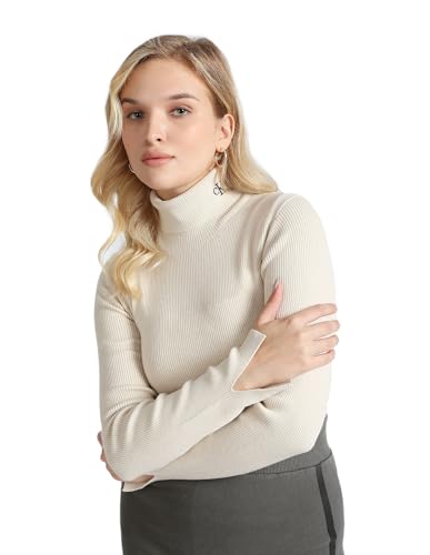 Calvin Klein Jeans Damen Ck Enganliegender Rollkragenpullover Pullover, Eggshell, S