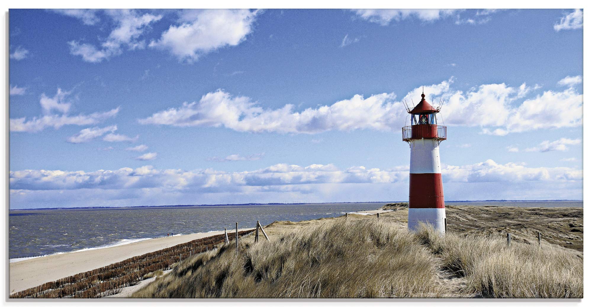ARTland Glasbilder Wandbild Glas Bild einteilig 60x30 cm Querformat Strand Meer Nordsee Leuchtturm Sylt Dünen Gräser Wolken Sommer Urlaub T9ML