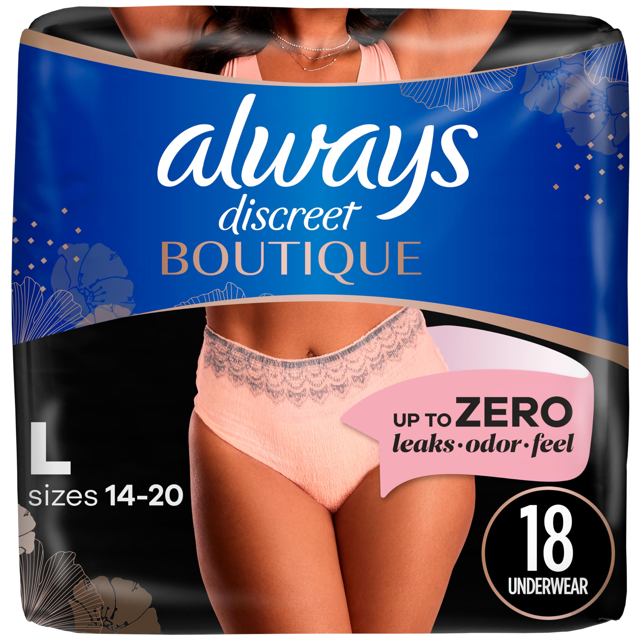 Always Discreet Boutique, Inkontinenz & Postpartum Unterwäsche für Damen, maximaler Schutz, pfirsichfarben, Größe L, 18 Stück