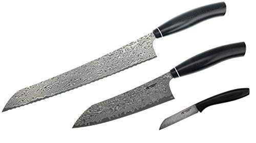 Schmiedeglut Küchenmesser Set I 3 teiliges Messer Set I rasierscharfe Damastklinge I rostfrei I ergonomischer Griff