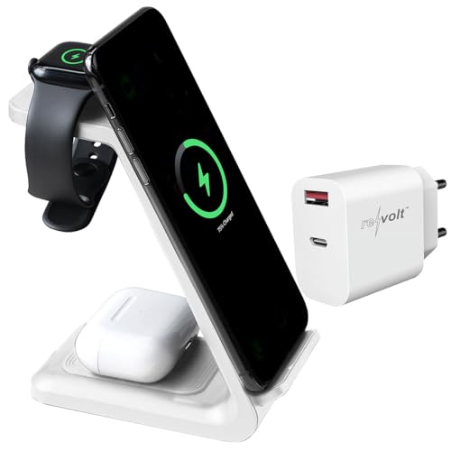 Callstel Wireless-Ladestationen: 3in1-Ladestation 20 W für iPhone, Apple Watch & AirPods, mit Netzteil (Tisch-Lade-Stationen für Apple, Ladegerät, Ladekabel)
