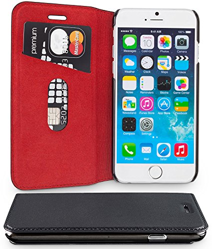 WIIUKA Echt Ledertasche - TRAVEL - für Apple iPhone SE (2020), iPhone 8 und iPhone 7 mit Kartenfach, extra Dünn, Tasche RED Edition, Schwarz Rot, Leder Hülle kompatibel mit iPhone SE/8/7