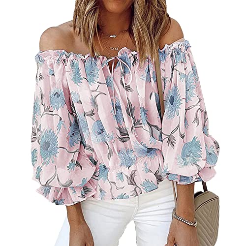 Ausla Damen Schulterfrei Blumenmuster Oberteil Sexy Trägerlos Glockenärmel Rüschen Top Sommer Elegant Carmenbluse mit Spitze(m-Rosa)