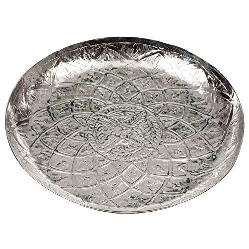 großes rundes XXL Tablett Ø 55 cm Aluminium verziert - flaches Serviertablett für Speisen oder als Dekotablett zu Ostern oder Weihnachten