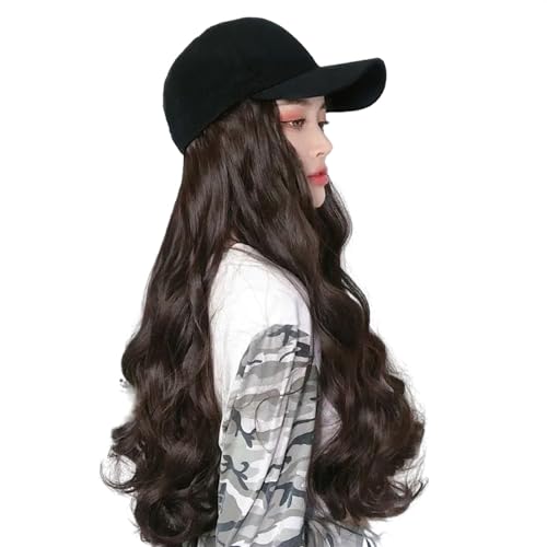 Lange lockige gewellte Baseballkappe mit Haaren braun schwarz blond Damen-Perückenhüte gewellten Haarverlängerungen dunkelbraun (Color : 1#, Size : One size)