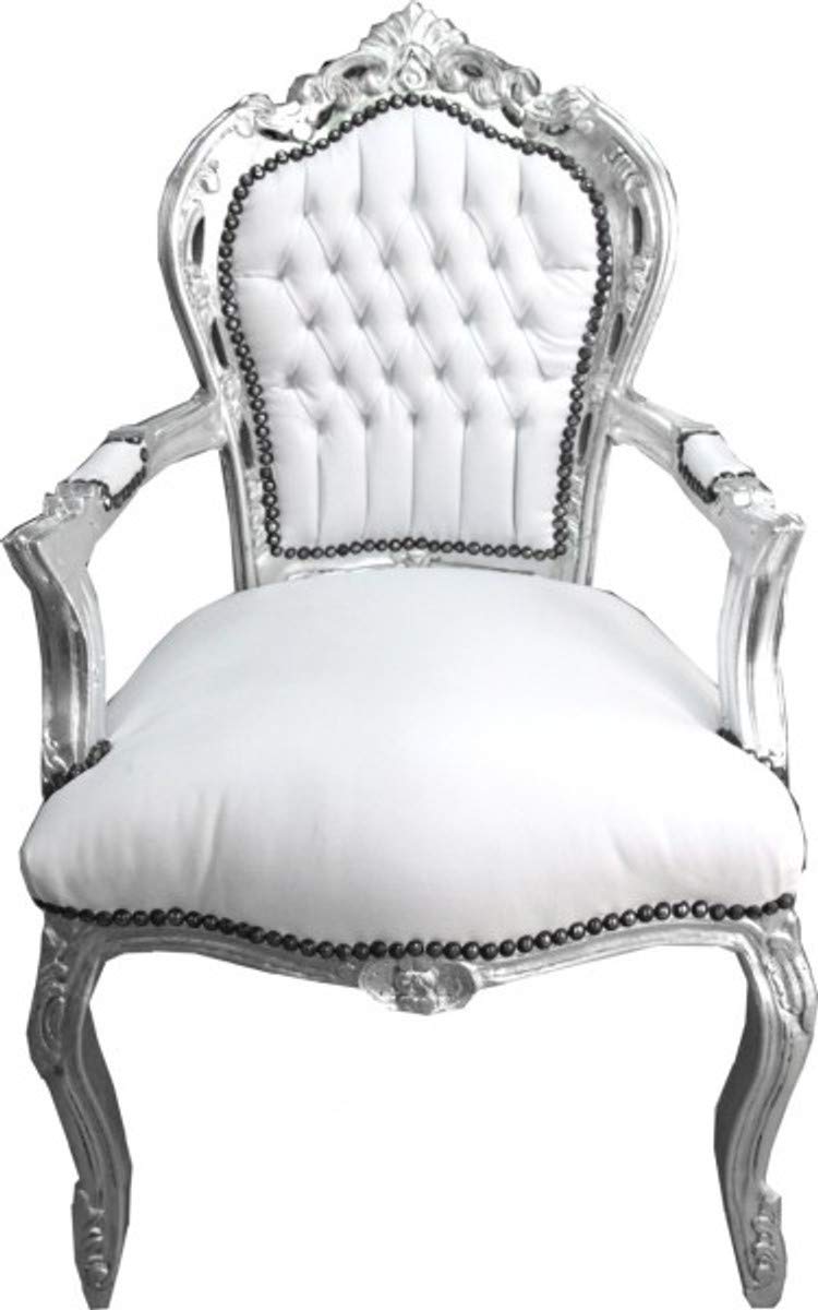 Casa Padrino Barock Esszimmer Stuhl mit Armlehnen Weiß/Silber Lederoptik - Möbel Antik Stil