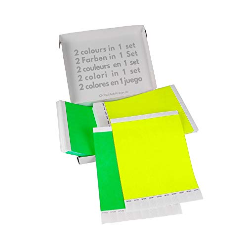 Grün+Gelb Vorteilspack: 2x500 Eintrittsbänder aus Tyvek zum selbst gestalten und bedrucken von GA Event Solutions - Party Einlassbänder, Festival Armbänder für dein Event