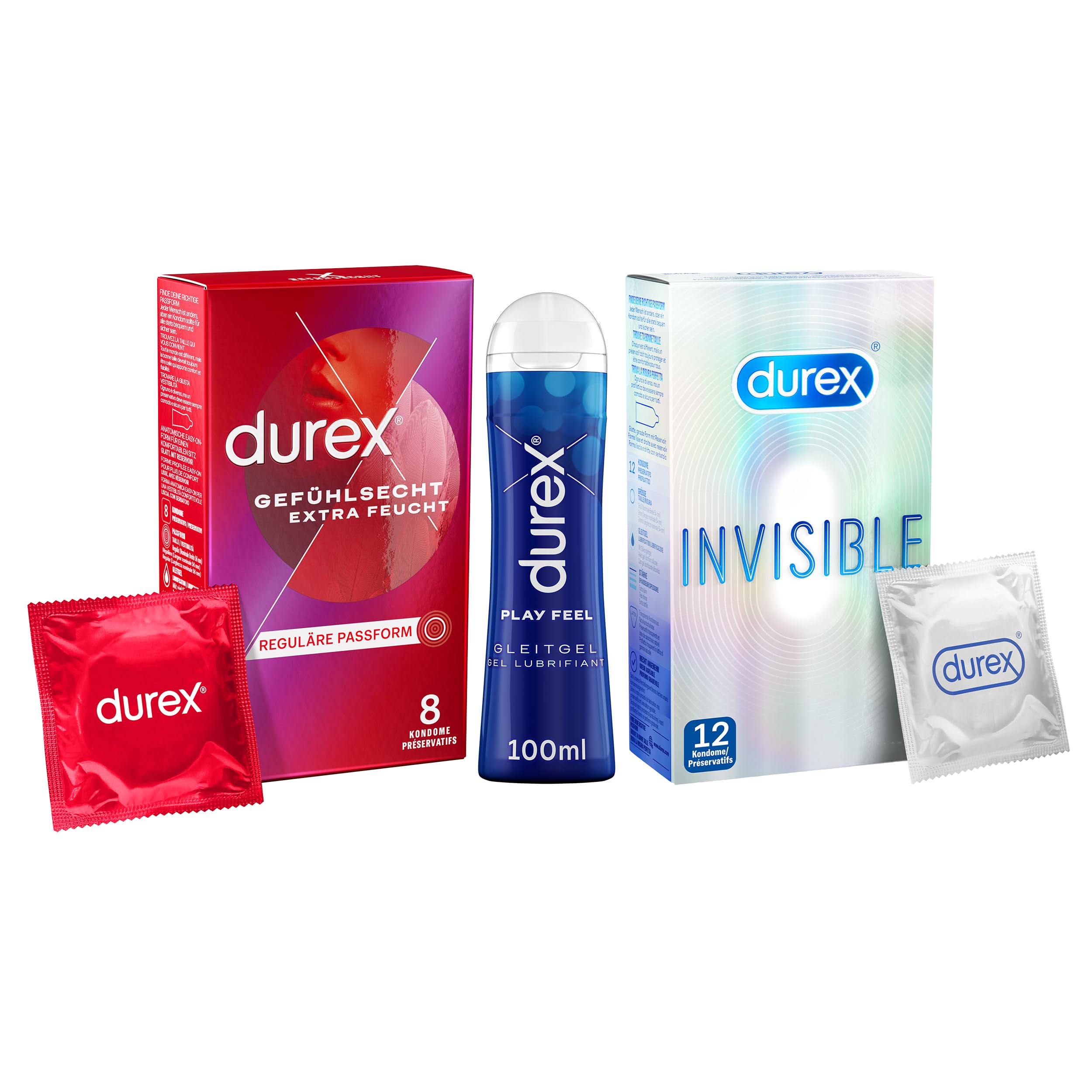 Durex Ausprobier-Set mit Gefühlsecht Extra Feucht Kondome 8 Stück & Play Feel Gleitgel 100ml & Invisible Kondome 12 Stück