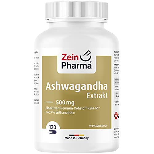 ZeinPharma Ashwagandha Extrakt 120 Kapseln 500mg - Ashwagandha Wurzel-Extrakt hochdosiert mit 5 % Withanolide, Schlafbeere aus Indien, Nahrungsergänzungsmittel pflanzlich, laborgeprüft