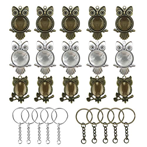 Woohome 20 Stück Owl Anhänger Zubehör Tabletts mit 20 Stück Glas Cabochon Klar Kuppel, 10 Stück Hängende Schnalle für Foto Anhänger Handwerk Schmuckherstellung