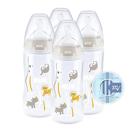 NUK First Choice+ Babyflaschen Set | 0-6 Monate | Temperaturkontrolle | Anti-Kolik-Entlüftung | 300 ml | BPA-frei | Silikonsauger | Safari (Beige) | 4 Stück