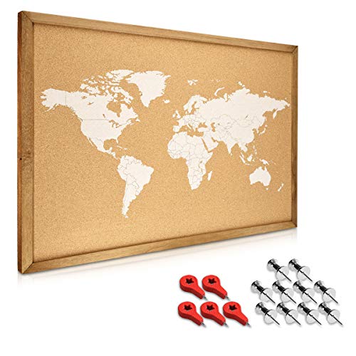 Navaris Kork Pinwand Memoboard Tafel - 70x50cm Pin Board Korkwand mit Holz Rahmen Stecknadeln Fahnen Montageset - World Map Pinnwand - Memo Korktafel