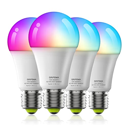 GRIFEMA Alexa Smart WLAN + Bluetooth Glühbirnen E27, RGB Mehrfarbrige Dimmbare LED Birne Lampe, Warmweiß-Kaltweiß, App Steuern Kompatibel mit Alexa Echo, Google Home, kein Hub benötigt, 4 Stück