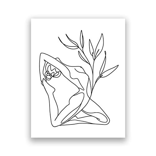 Yoga weiblicher Körper Illustration Kunstdrucke Frau abstrakte Strichzeichnung mit Blumen Zeichnung Leinwand Malerei Yoga Raumdekor 40x60cm Rahmenlos