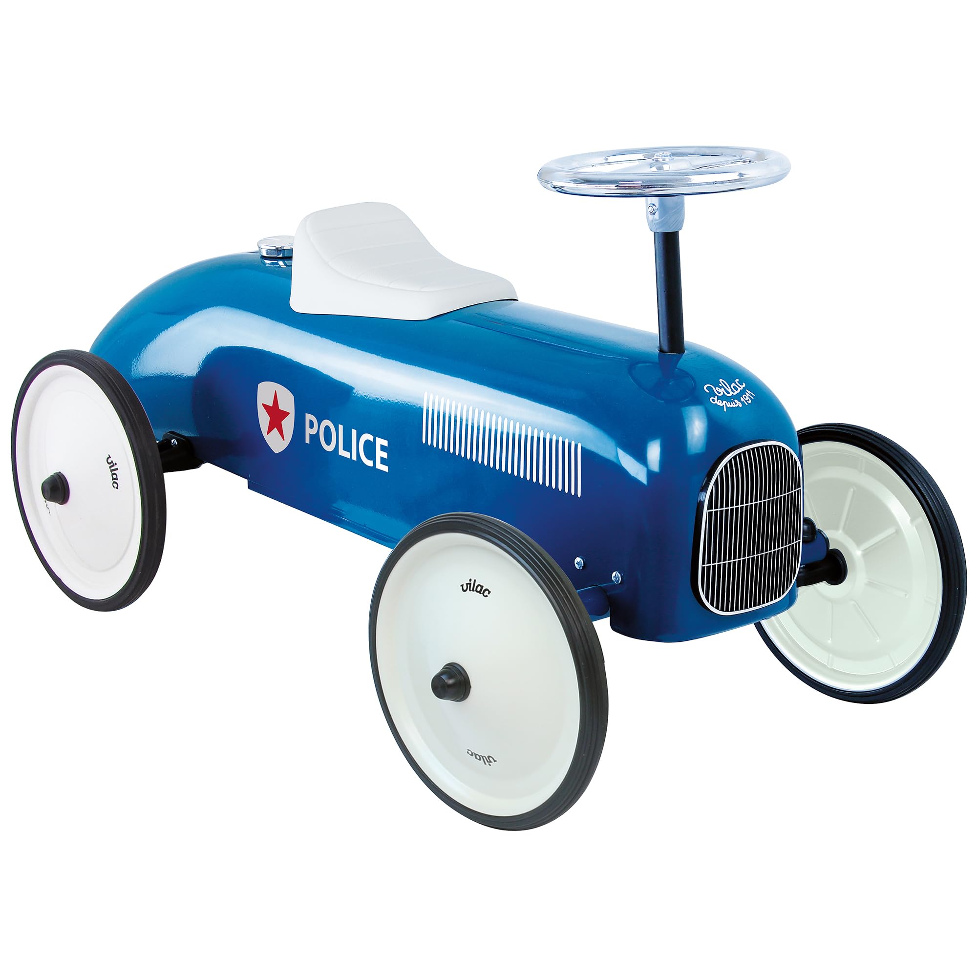 Vilac - Vintage Polizei Autoträger – Spielzeug aus Metall – leise Räder – Lenkrad – Dekoration – Blau – für Kinder ab 18 Monaten