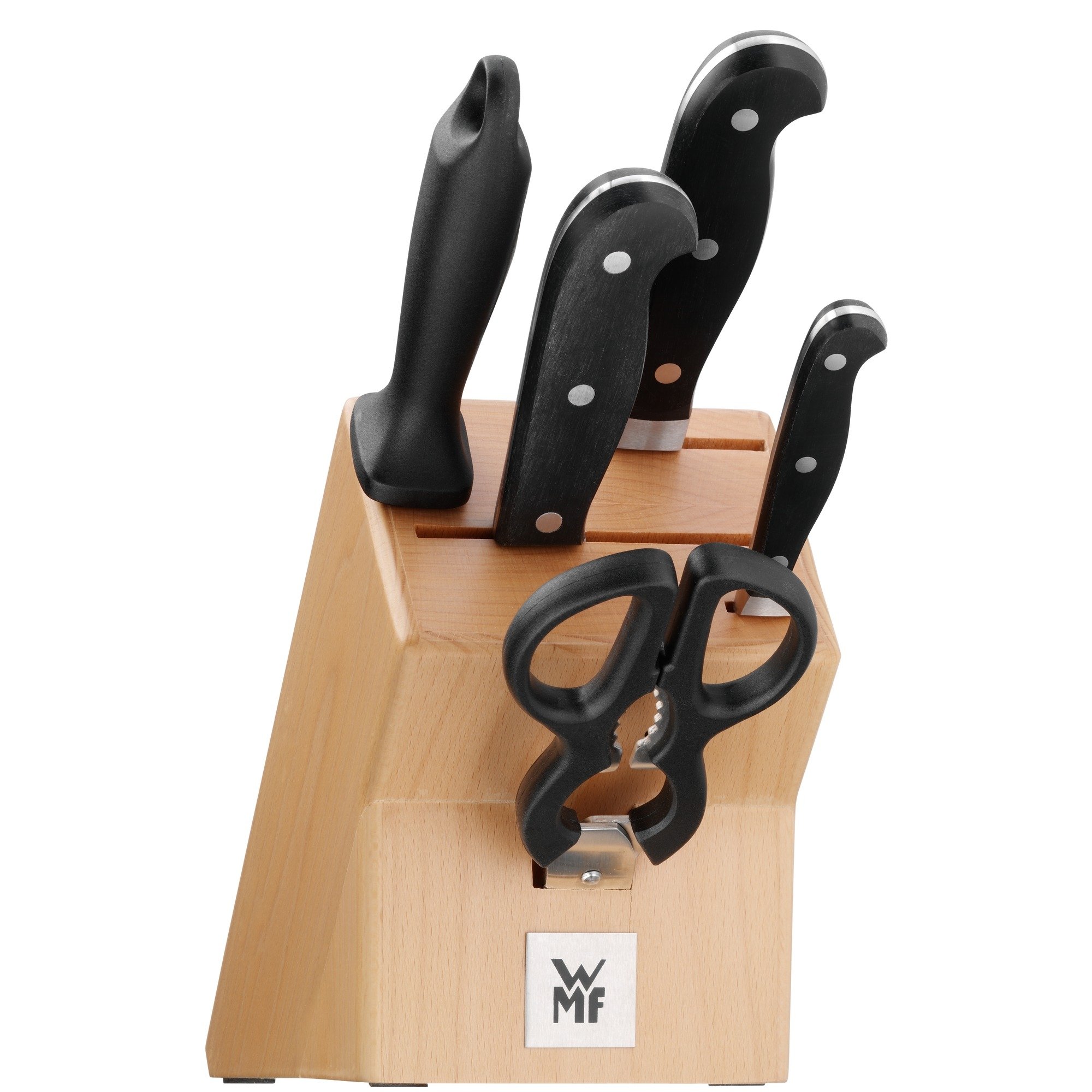 WMF Spitzenklasse Plus Messerblock mit Messerset 6teilig, Made in Germany, 3 Messer geschmiedet, Schere, Wetzstahl, Buchenholz-Block, Performance Cut