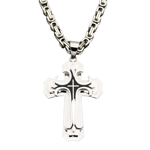YTQBPMC Doppelte Kreuz-Anhänger-Halskette, Kruzifix-Pektoral-Anhänger für Männer, modische Kreuz-Anhänger-Halskette aus Edelstahl, Kreuz-Geschenk für ihn (Silver)