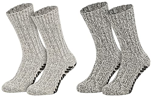 Tobeni 2 Paar Stopper-Socken mit Schafwolle Herren mit rutschfester ABS-Sohle Kuschel-Socken ohne drückende Naht Farbe Grau-Töne Grösse 43-46