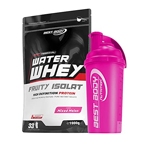 1 kg Best Body Nutrition Water Whey Fruity Isolate Molkenprotein + Protein Shaker (Mixed Melon (Shaker pink))