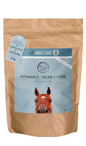 Annimally Selen, Vitamin E, Lysin Pulver für Pferde - Pferd Vitamin E, Lysin, Selen Komplex zur Unterstützung der Muskulatur & Leistung (2 kg Nachfüllpack)