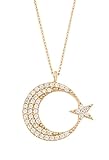Remi Bijou - 925 Sterling Silber - Wunderschöne Halskette Anhänger Zirkonia Strass Stern Ay Yildiz Mond Star Crescent - Gold Farbe