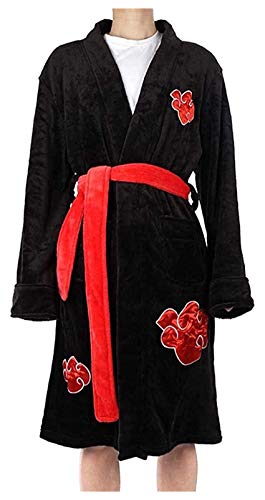 TSYFFF Naruto Bademantel, Naruto Akatsuki Itachi Uchiha Kimono Bademantel für Männer Nachtwäsche Anime Cosplay Flanell Robe Nachtwäsche Pyjamas (Color : Black, Size : L)