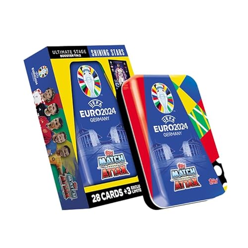 Topps Offizielle Euro 2024 Match Attax - Booster Tin - Shining Stars - enthält 28 Euro 2024 Match Attax Karten plus 3 exklusive Shining Stars Limited Edition Karten!