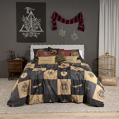 Belum Bettbezug Harry Potter, Bettbezug mit Knöpfen, Stoff, 50 % Baumwolle, 50 % Polyester, Modell Hogwarts Karo Weihnachten 80 (140 x 200 cm)