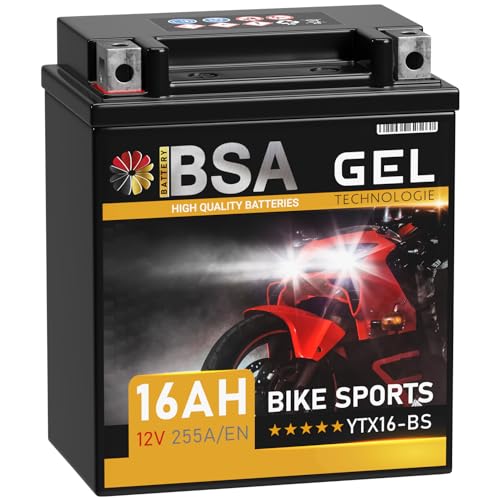 BSA YTX16-BS GEL Roller Batterie 12V 16Ah 255A/EN Motorradbatterie doppelte Lebensdauer entspricht 51422 YTX16-4 YTX16BS ETX16-BS vorgeladen auslaufsicher wartungsfrei ersetzt 14Ah