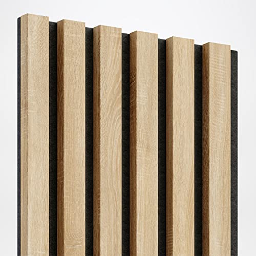 Klemp Wandpaneele – Lamellenleisten aus MDF auf Filz 275 x 30 cm, Wandverkleidung zur Montage mit Kleber oder Klebeband auf schwarzem Untergrund 4er-set Sonoma Oak
