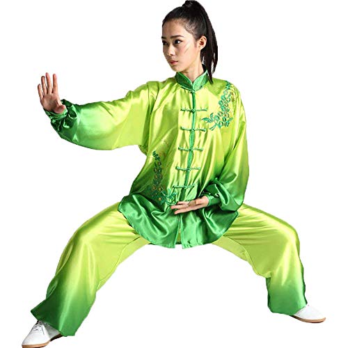 G-LIKE Tai-Chi Uniform Damen Anzug - Chinesische Kampfkunst Taiji Wushu Wing Chun Shaolin Kung Fu Training Kleidung Farbverlauf Farbübergang Lange Ärmel Set (Gruen, L)