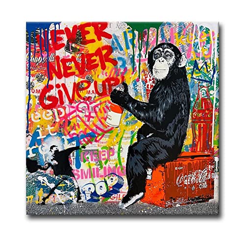 Banksy Poster Tier Affe Leinwand Gemälde NEVER GIVE UP Wandkunst Bilder für modernes Zuhause Wohnzimmer Dekor 70 x 70 cm (Innenrahmen) Wandkunst