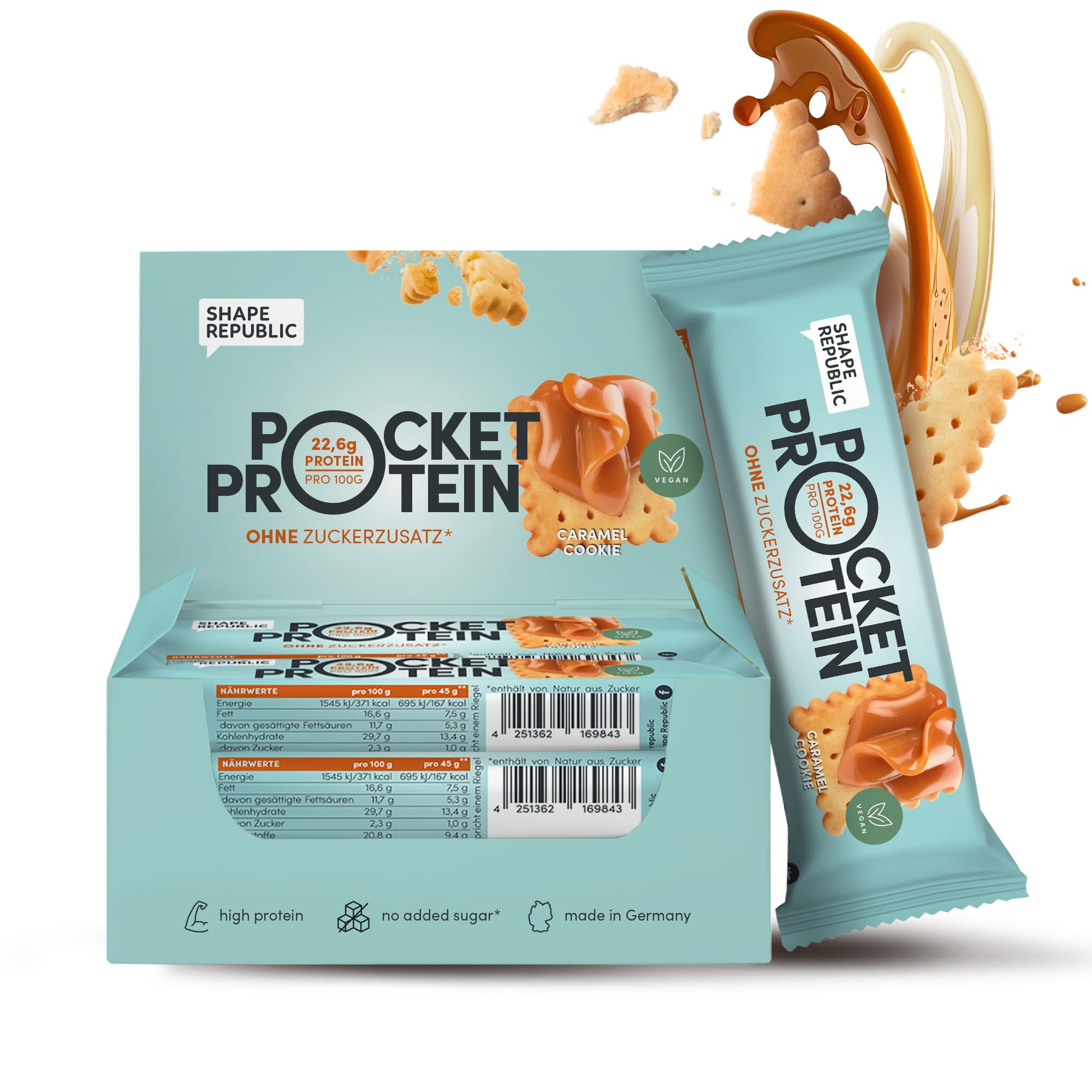 SHAPE REPUBLIC High Protein Riegel Caramel Cookie - Eiweiß Riegel mit 12 x 45g - Laktosefrei - Der Snack für jede Tasche