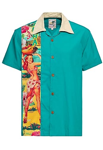 King Kerosin Herren Panel Hemd | Loungehemd | Bowling Hemd| Kurzarm | Pin-Up Girl | Tropical | Rockabilly | Rock'n'roll | Vintage | Retro | Biobaumwolle Pin-Up Hawaii