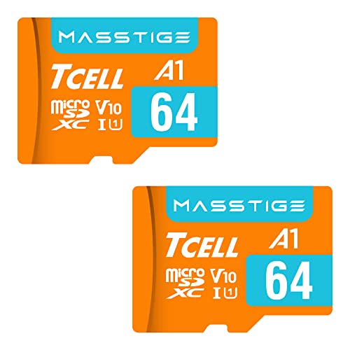 TCELL MASSTIGE Micro-SDXC-Speicherkarte mit Adapter, 64 GB, A1, UHS-I U1, V10, Micro-SD-Karte, Lesen bis zu 100 MB/s, Full HD, 2 Stück