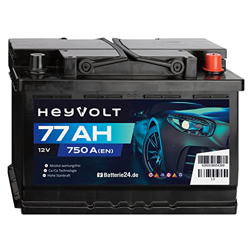 HeyVolt Autobatterie 12V 77Ah 750A/EN Starterbatterie, absolut wartungsfrei ersetzt 68Ah 70Ah 72Ah 74Ah 75Ah