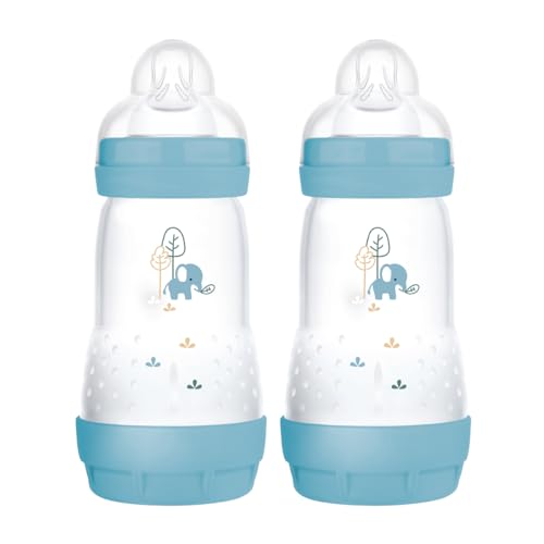 MAM Easy Start selbststerilisierende Anti-Colic Babyflasche, 2er Pack (2 x 260 ml), MAM Flaschen mit mittlerem Durchfluss MAM Sauger Größe 2, Neugeborene Essentials, Blau (Designs können variieren)