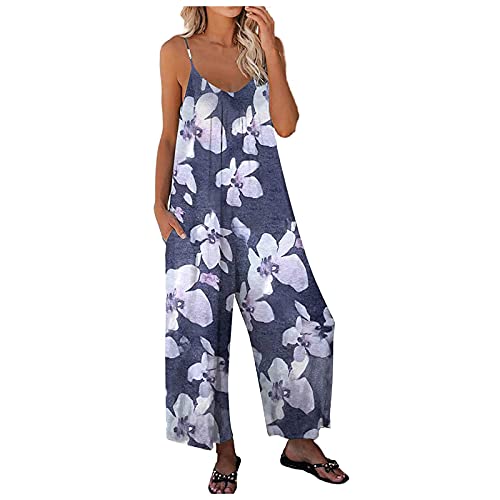 Kolylong®Damen Jumpsuit Ärmellos V-Ausschnitt Reizvolle Playsuit Frauen Elegant Druck Strampelhöschen Rompers Arbeitshose Playsuits Loose Fit Hoseanzug mit Taschen