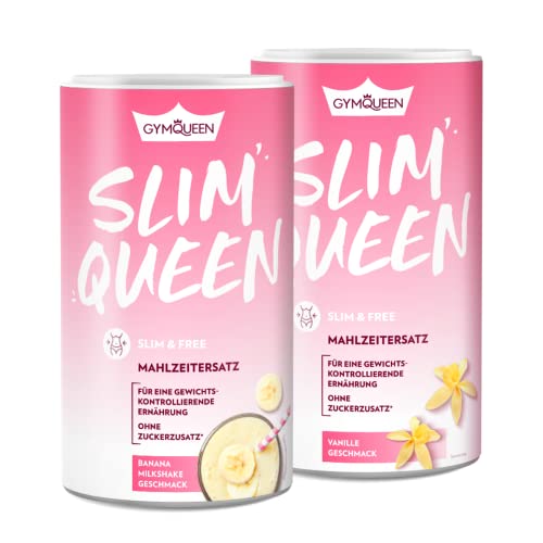 GymQueen Slim Queen Abnehm Shake 2x420g, Vanille + Banana Milkshake, Leckerer Diät-Shake zum einfachen Abnehmen, Mahlzeitersatz mit wichtigen Vitaminen und Nährstoffen, nur 250 kcal pro Portion