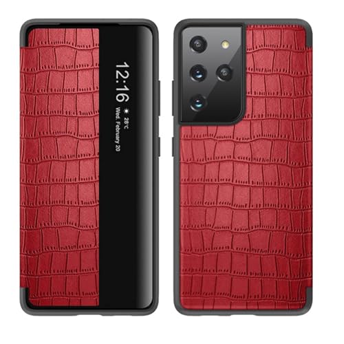 CHNZUX Hülle Für Samsung Galaxy S23/S23 Plus/S23 Ultra Krokodil Strukturiertes Leder Flip Smart View Case Stoßfeste Schutzhülle (Rot,S23 Ultra)