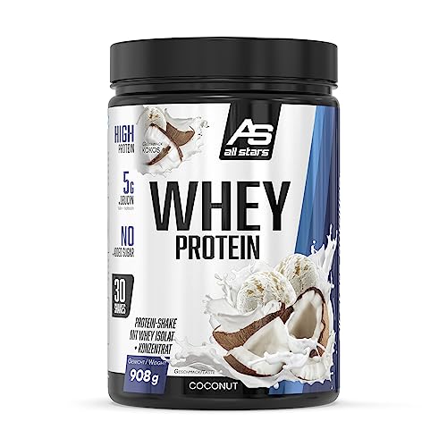 All Stars 100% WHEY PROTEIN 908g I Eiweiß-Pulver mit Whey-Konzentrat & Isolat I leckeres Low-Fat Powder I hochwertiges Protein-Pulver I cremiger Protein-Shake mit Coconut-Flavour