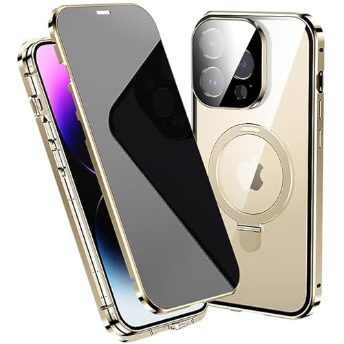 LOXO CASE Anti-Peeping-Hülle für iPhone 14/14 Pro/14 Plus/14 Pro Max, Doppelseitige Magnetische Adsorptionshülle und Metallrahmen mit Unsichtbarem Ständer [kompatibel mit MagSafe],Gold,14 Plus