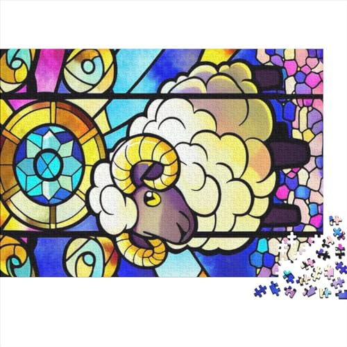 Schaf-Buntglas-Stil für Erwachsene, lustiges 1000-teiliges Puzzle, Bildungsspiel, intellektuelles Spiel, Entspannung und Intelligenz, Heimdekoration, Stressabbau, 1000 Stück (75 x 50 cm)