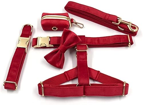 Rcsinway Hundegeschirr aus rotem Samt, personalisierbar, 5-teiliges Set, mit Fliege, Halsband, Leine, Kotbeutel, funktionales Hunde-Traktions-Set (Größe: XS)