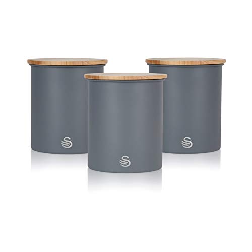 Swan Nordic 3er-Set Küchenvorratsdosen aus Robustem Karbonstahl, Bambusdeckel, für Tee, Kaffee und Zucker, Modernes Design, Grau, Einheitsgröße