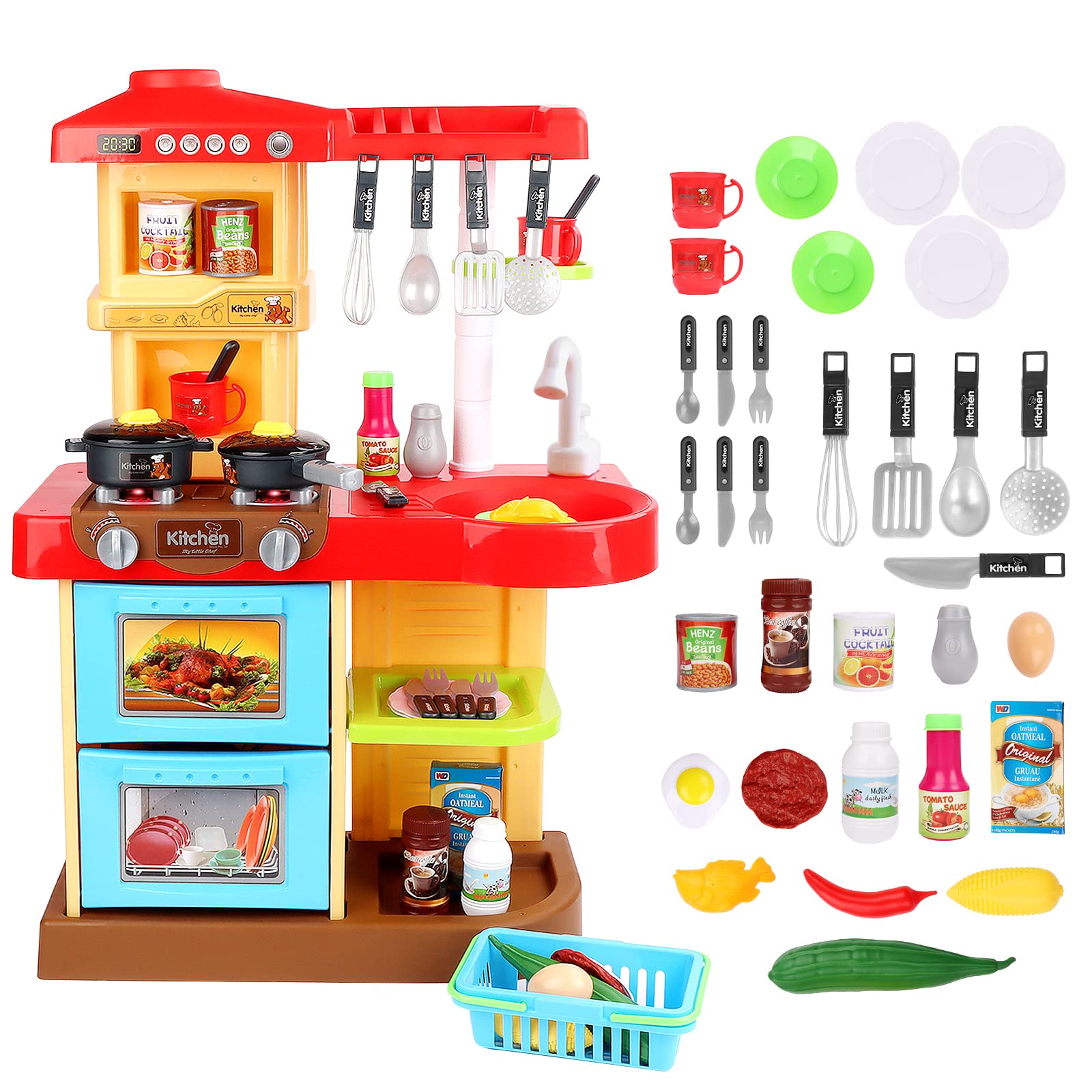 deAO Küchenspielset Spielzeug “My Little Chef“ mit Sounds und Lichtern Rollenspiel Essen und Kochen Spielset für Kleinkinder Jungen Mädchen, Küchenspielzeug mit 30-teiligem Küchenzubehör-Set,Rot