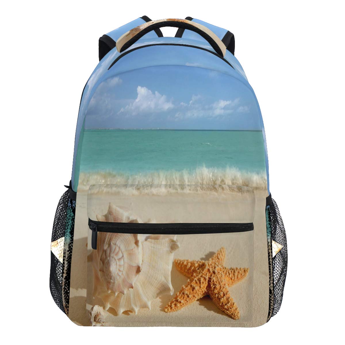 Oarencol Sommerrucksack, Muscheln, Seestern, Strand, Sandstrand, Türkis, Seestern-Design, Tagesrucksack, Reisen, Schule, Hochschultasche für Damen Herren und Jungen