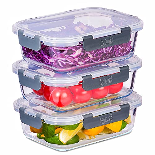 Igluu Meal Prep - Glasbehälter mit auslaufsicherem Schnappverschluss – luftdichtezur Aufbewahrung von Lebensmitteln. BPA-frei, mikrowellengeeignet, ofen- und spülmaschinenfest, 1050 ml (3er-Pack)