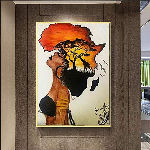 Wandbild xxl Klassische afrikanische Frau Gemälde an der Wand Abstrakte Afrika Karte Form Kopf Wandkunst Poster Wohnkultur 50x70cm (20x28in) Rahmenlos