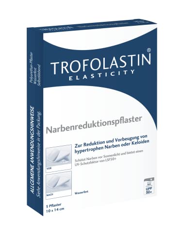 TROFOLASTIN Narbenreduktionspflaster - Narbenpflaster zur Behandlung von OP-Narben und mehr - Wasserfest, LSF 50+ - 1 x 5 Pflaster, Maße: 10 x 14 cm